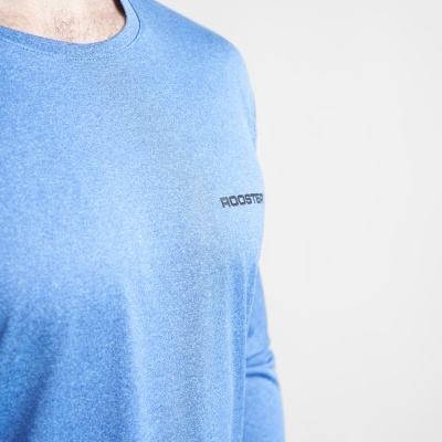 Camisola azul clara de manga comprida com texto ROOSTER no peito
