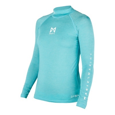 Camisola de proteção solar azul turquesa de manga comprida com texto e logótipos brancos