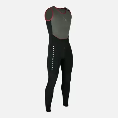 Fato de bodyboard preto e cinzento com detalhe vermelho e texto branco