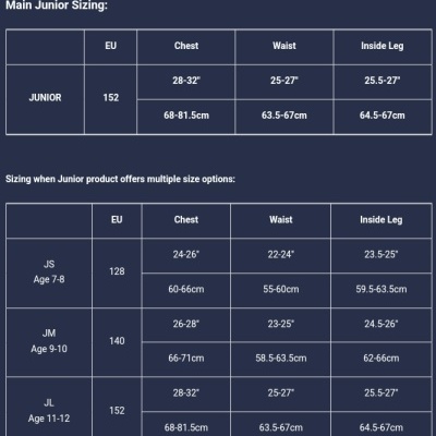 Tabela de tamanhos para roupa júnior com medidas em cm