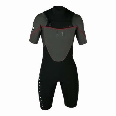 Fato de mergulho curto preto e cinza com costuras vermelhas