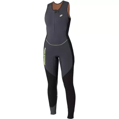 Fato de triatlo cinza e preto sem mangas com texto amarelo e logótipo no peito