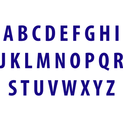 Alfabeto em letras maiúsculas azul escuro sobre fundo branco.