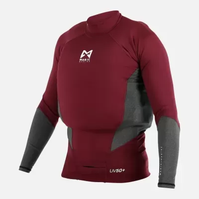 Camisola de neopreno vermelha e cinza para desportos aquáticos com logo MAERS e UV50+