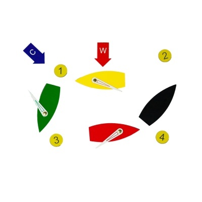 Relógio de parede moderno com ponteiros coloridos e números em fundo branco