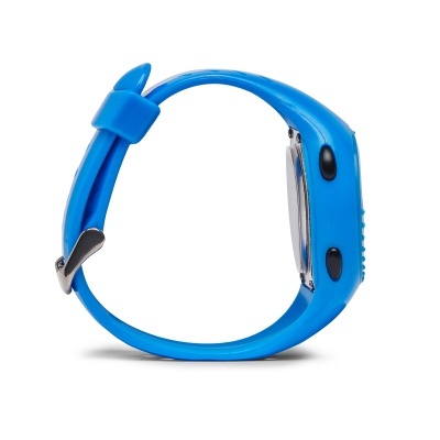 Relógio digital com bracelete azul e botão preto lateral