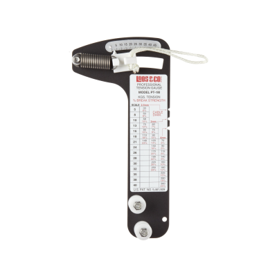 Dispositivo de medição de tensão preto com texto e tabela impressos