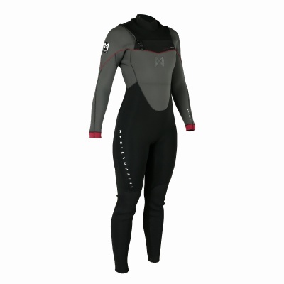 Fato de neoprene cinza e preto com detalhes vermelhos e texto Magic Warm