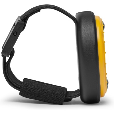 Protetor auricular preto e amarelo com correia ajustável preta