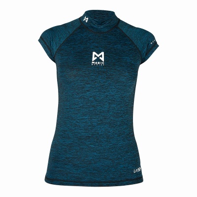 Camiseta desportiva feminina azul escura com logo branco