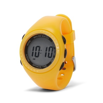 Relógio digital amarelo com bracelete em silicone e mostrador redondo.