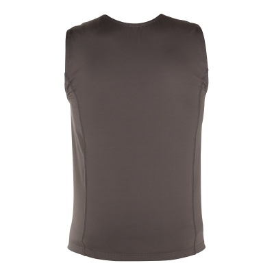 Camisola desportiva cinzenta sem mangas em fundo branco