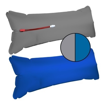 Dois travesseiros retangulares, um cinza com mangueira vermelha e um azul, com círculo indicando as cores