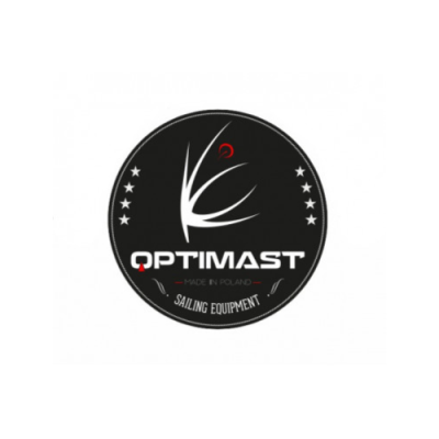 Logótipo circular preto com texto OPTIMAST e design gráfico branco e vermelho