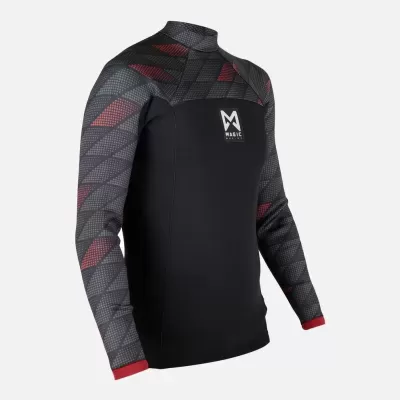 Camisola desportiva preta e cinza com padrão geométrico e logótipo MAJIC