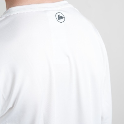 Camisola branca de manga comprida com logótipo na parte superior das costas