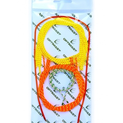 Conjunto de cordões trançados amarelo, laranja e verde em embalagem transparentes com fundo branco e marca OPTIMAST