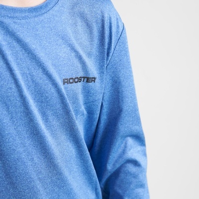 Camisola azul de manga comprida com texto ROOSTER no peito