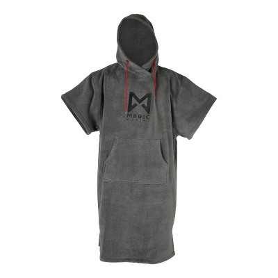 Poncho felpudo cinzento com capuz, bolso e texto MAGIC