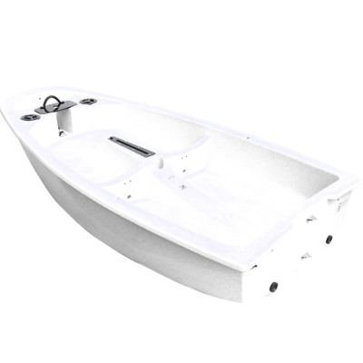 Barco pequeno branco com volante e bancos moldados