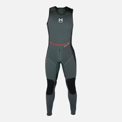 Fato de mergulho cinza escuro e preto, sem mangas, com logótipo branco e vermelho