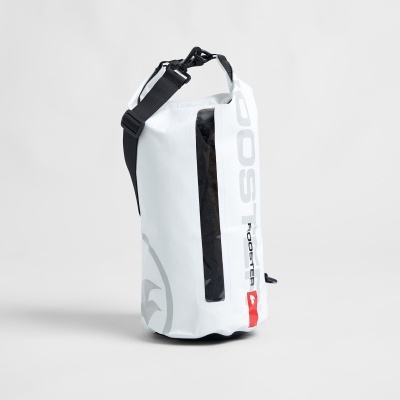 Saco impermeável branco com visor transparente e alça preta