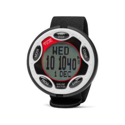 Relógio digital de vela branco e preto com mostrador redondo e bracelete preta em tecido