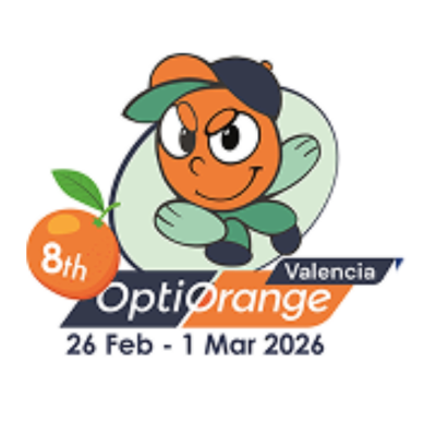 Logótipo do evento OptiOrange com laranja animada e texto sobre datas e local.
