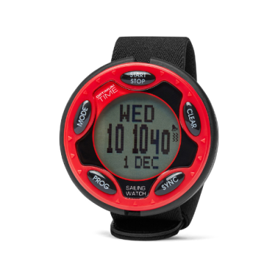 Relógio digital desportivo com moldura vermelha e bracelete preta.