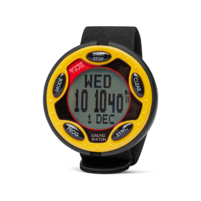 Relógio digital para vela com aro amarelo e bracelete preta de tecido.