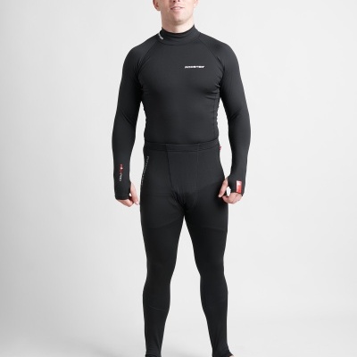 Roupa térmica preta para homem com gola alta, punhos nas mangas e pés cobertos