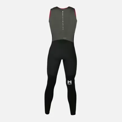 Macacão desportivo sem mangas cinzento escuro, preto e vermelho com logo branco