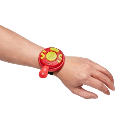 Pulseira vermelha e amarela SOS com botão e símbolo de telefone
