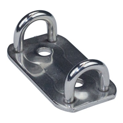 Suporte metálico prateado com dois arcos e base retangular