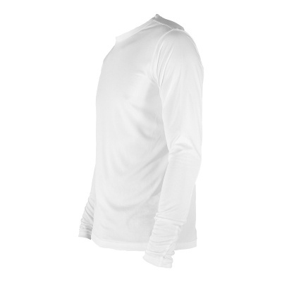 Camiseta branca de manga comprida com gola redonda, tecido liso