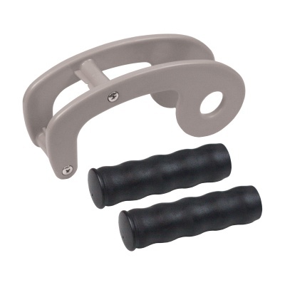 Suporte de bicicleta cinzento com pegadores pretos sobre fundo branco