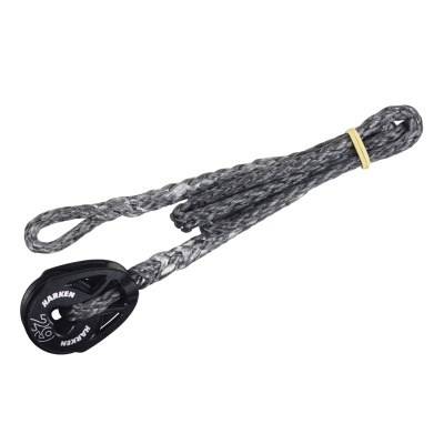 Corda sintética cinza com roldana preta e texto HARKEN 25%