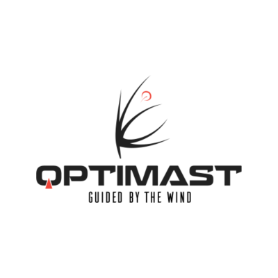 Logótipo OPTIMAST com frase GUIDED BY THE WIND e desenho abstrato.