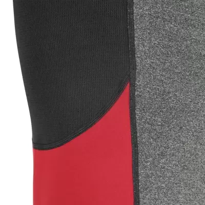 Tecido de roupa com cores preto, cinzento e vermelho e costuras visíveis