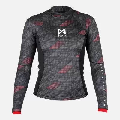 Camisola técnica de manga comprida cinza e vermelha com padrão geométrico e logótipos MAGIC