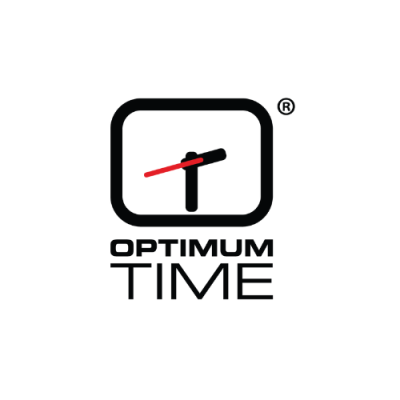 Logotipo preto e vermelho de relógio com texto OPTIMUM TIME