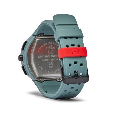 Relógio desportivo cinzento com parte traseira metálica e detalhe vermelho na bracelete