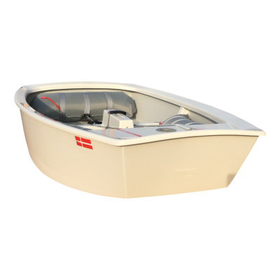 Barco pequeno branco com assentos cinza e detalhe vermelho na lateral