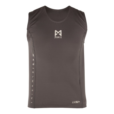 Camiseta sem mangas cinzenta escura com logótipos e texto branco