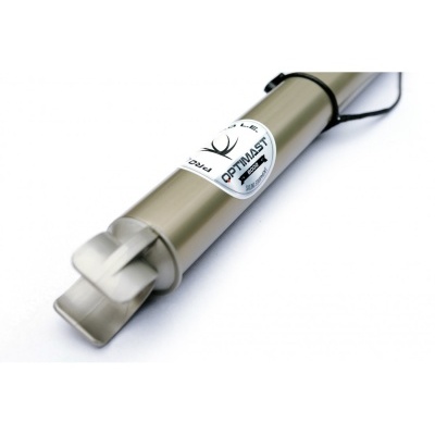 Tubo cilíndrico cinzento com etiqueta OPTIMAST e suporte metálico