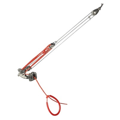 Esticador ajustável com cabo vermelho e componentes metálicos.