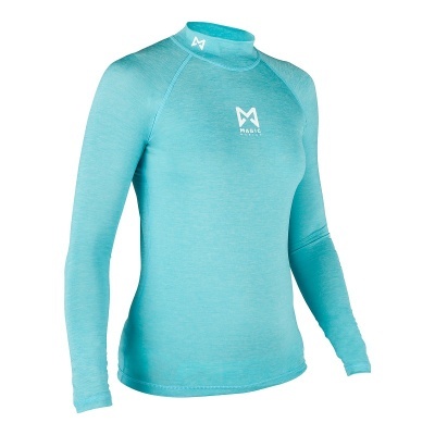 Camisola desportiva azul turquesa com mangas compridas e logo branco