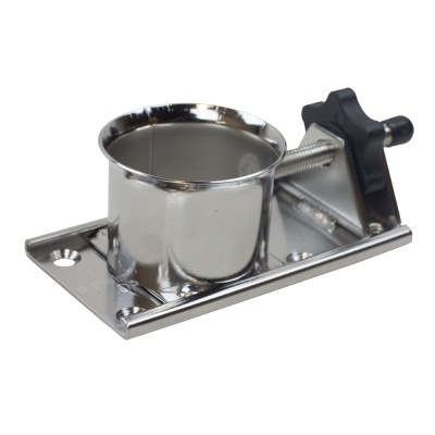 Suporte metálico cromado com copo cilíndrico e parafuso de ajuste preto