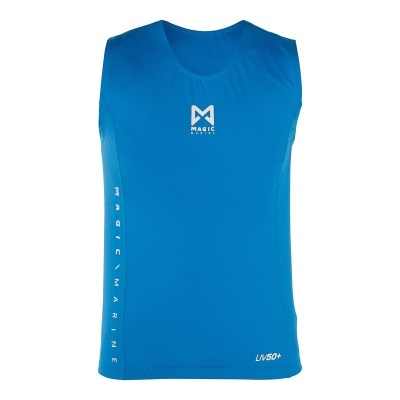 Camisola azul sem mangas com texto branco e logótipos