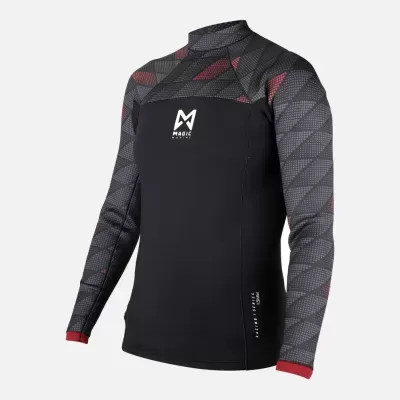 Camisola desportiva preta com mangas cinzentas e vermelhas e logo branco no peito